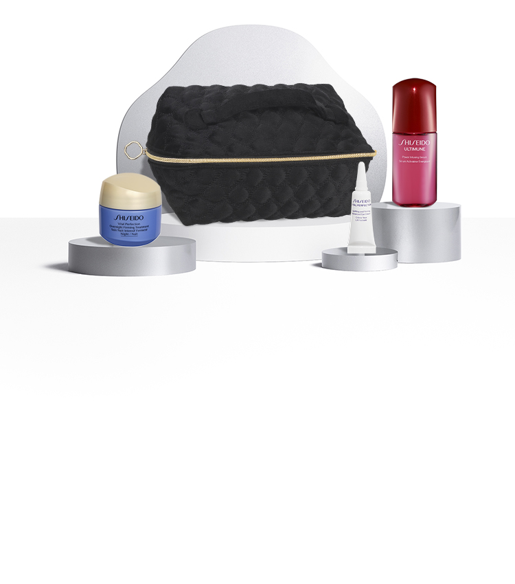 Kit skincare composto da vpn eye cream 3ml, utm 10ml e vpn overnight cream 15ml, pouch nera.